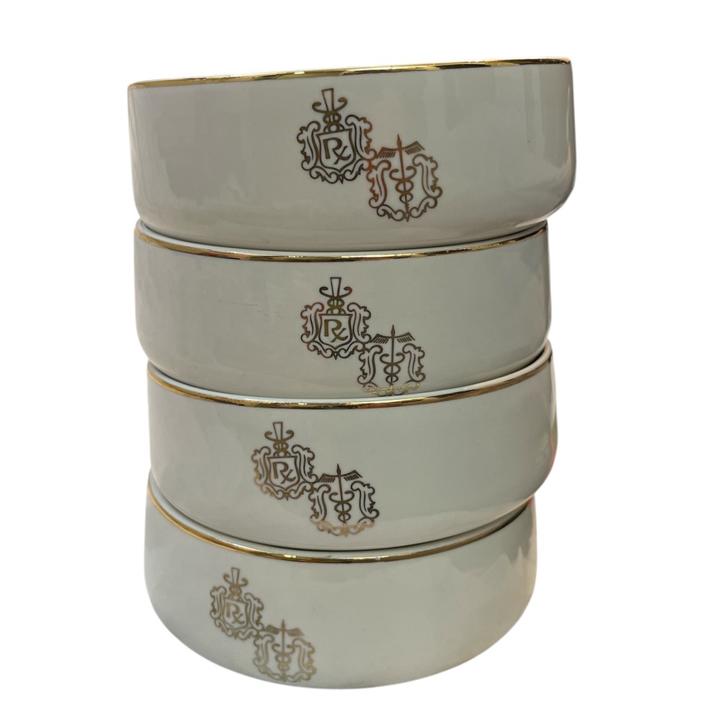 4 Vintage 60s Hall China Bowls Rx Pharmacist Caduceus Cream Gold Owens IL Estate